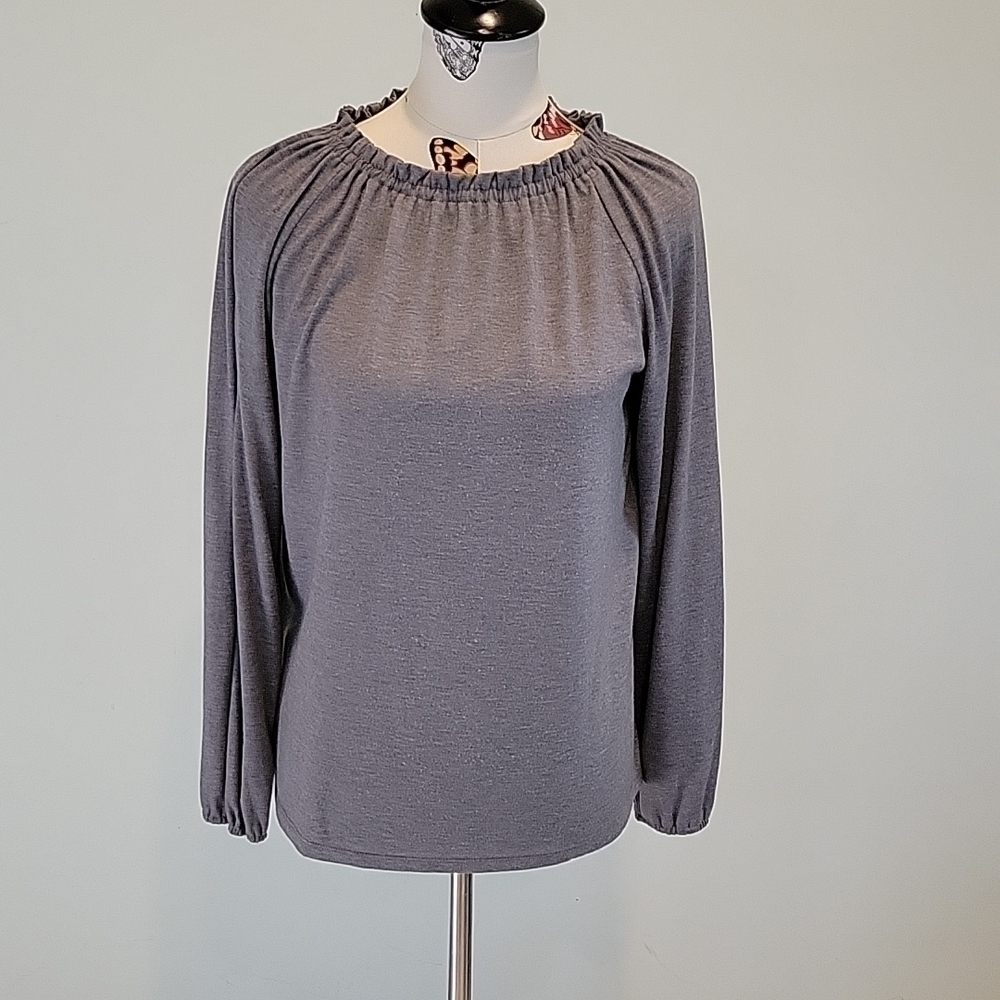Loft Gray Long Sleeved Top. Sleeves Have Elastic Cuffs, Gathered Tie Neck. Sz S